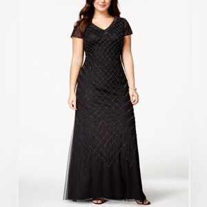 Adrianna Papell Black Beaded Sequin  Maxi Dress Whimsygoth Cap Sleeve 20W